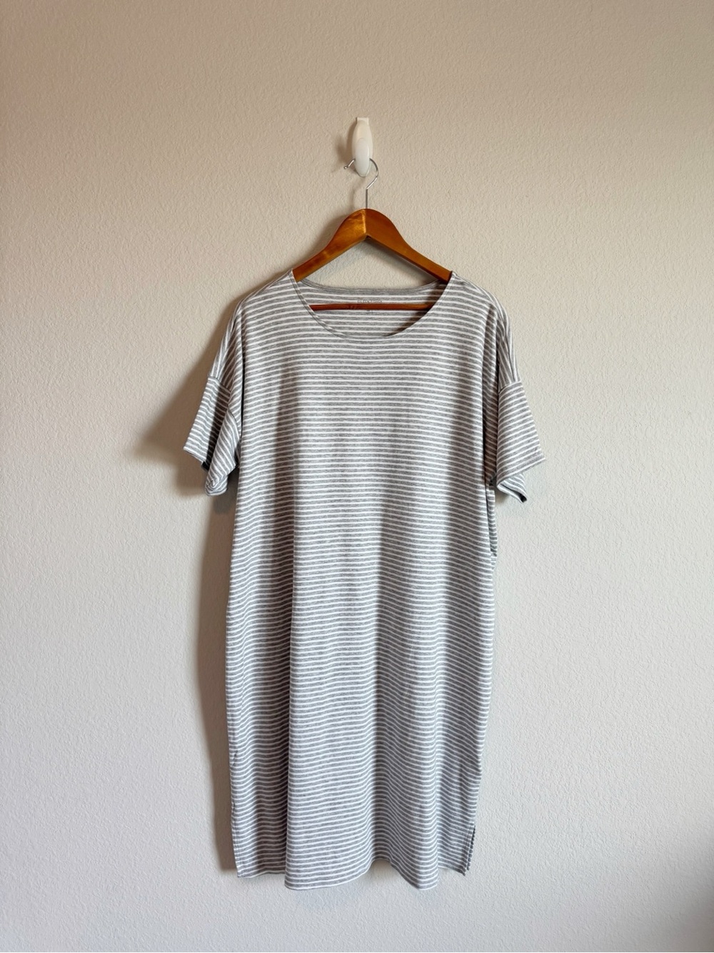 Eileen Fisher Women's Organic Cotton Grey Striped Short Sleeve T-Shirt Dress L